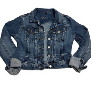 bebe Y2K Blue Jean Cropped Jacket with bebe Rhinestone Logo
